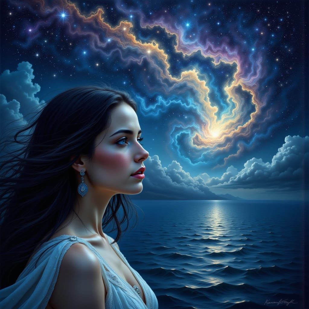 Ethereal Woman Gazing at Cosmic Ocean in Photorealistic Styl...