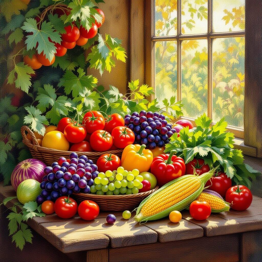 Vibrant Harvest Still Life in Art Nouveau Style