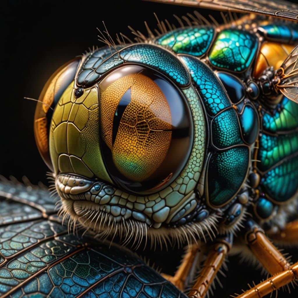Makro photo of dragon fly eye; 8K resolution HDR 4K hyperdetailed intricate magnificent mysterious meticulous ...  by @Muse