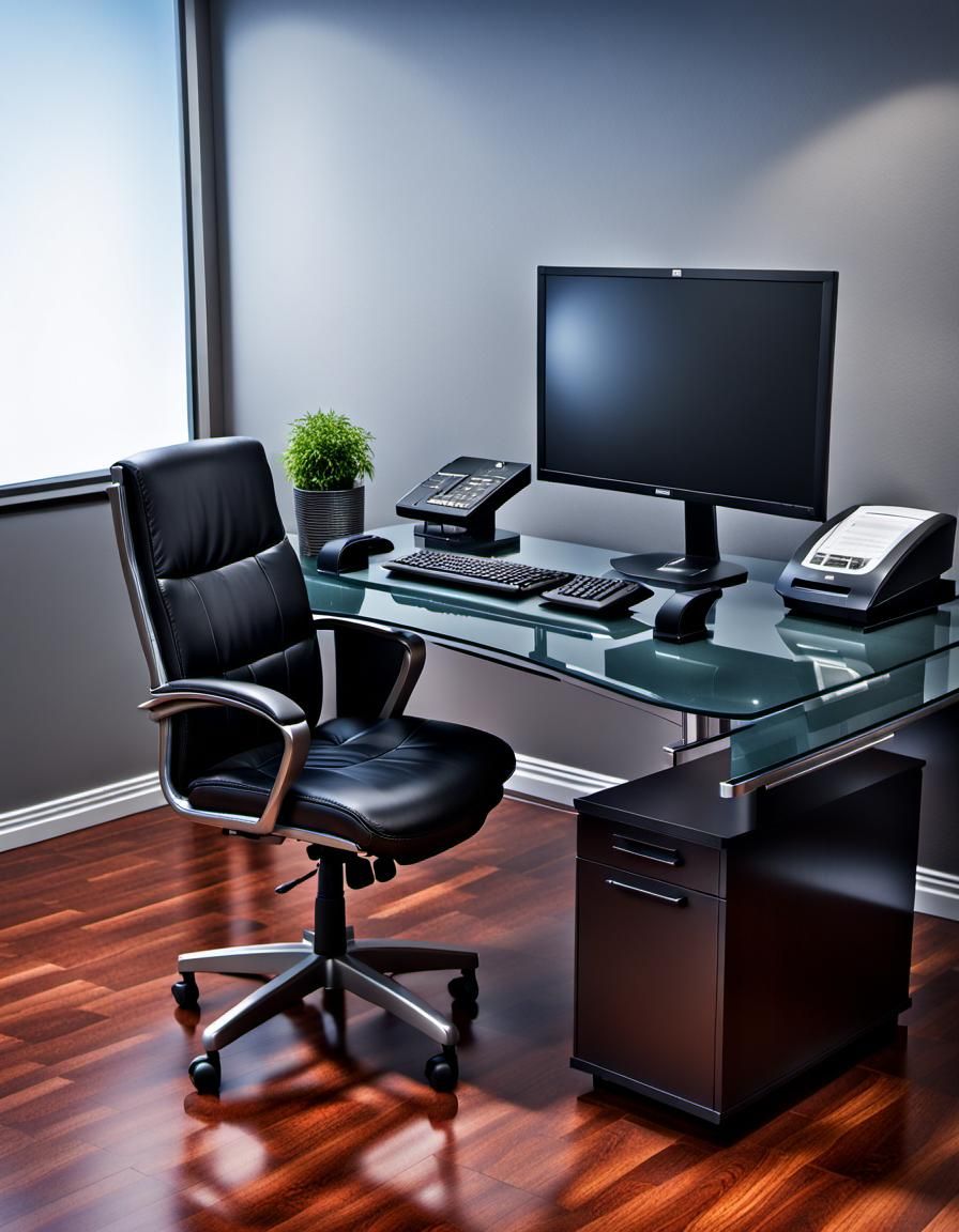 An accounting office that has a computer desk and an executive chair as well as a desktop computer a monitor screen with intricate details,...