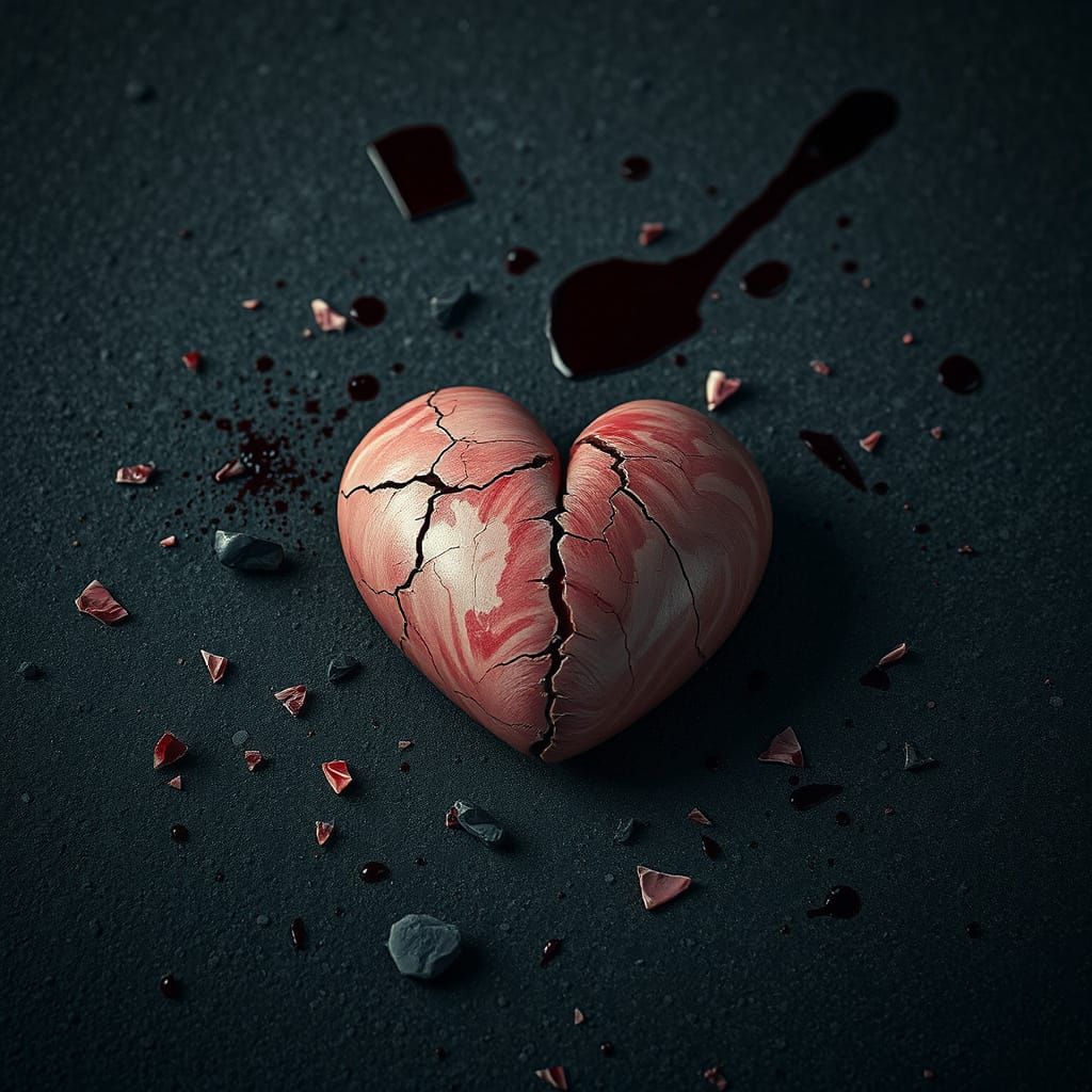 
A cracked, reddish-pink heart, appearing fragile and broken,