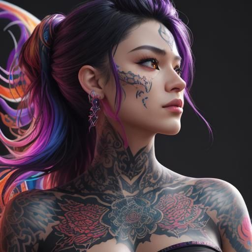 A woman in her attic with very intricate tattoos that each m...