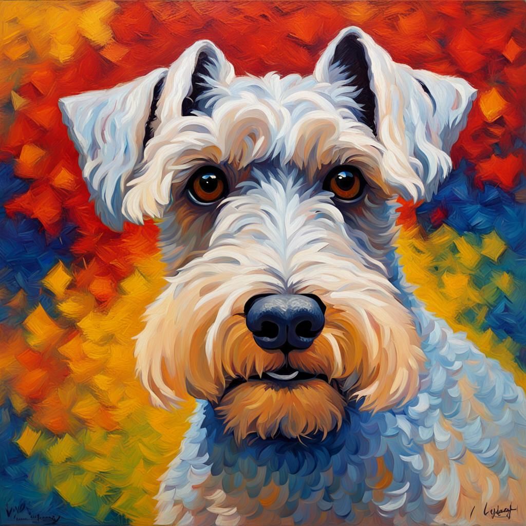 Painting of a blonde miniature schnauzer looking at the view...