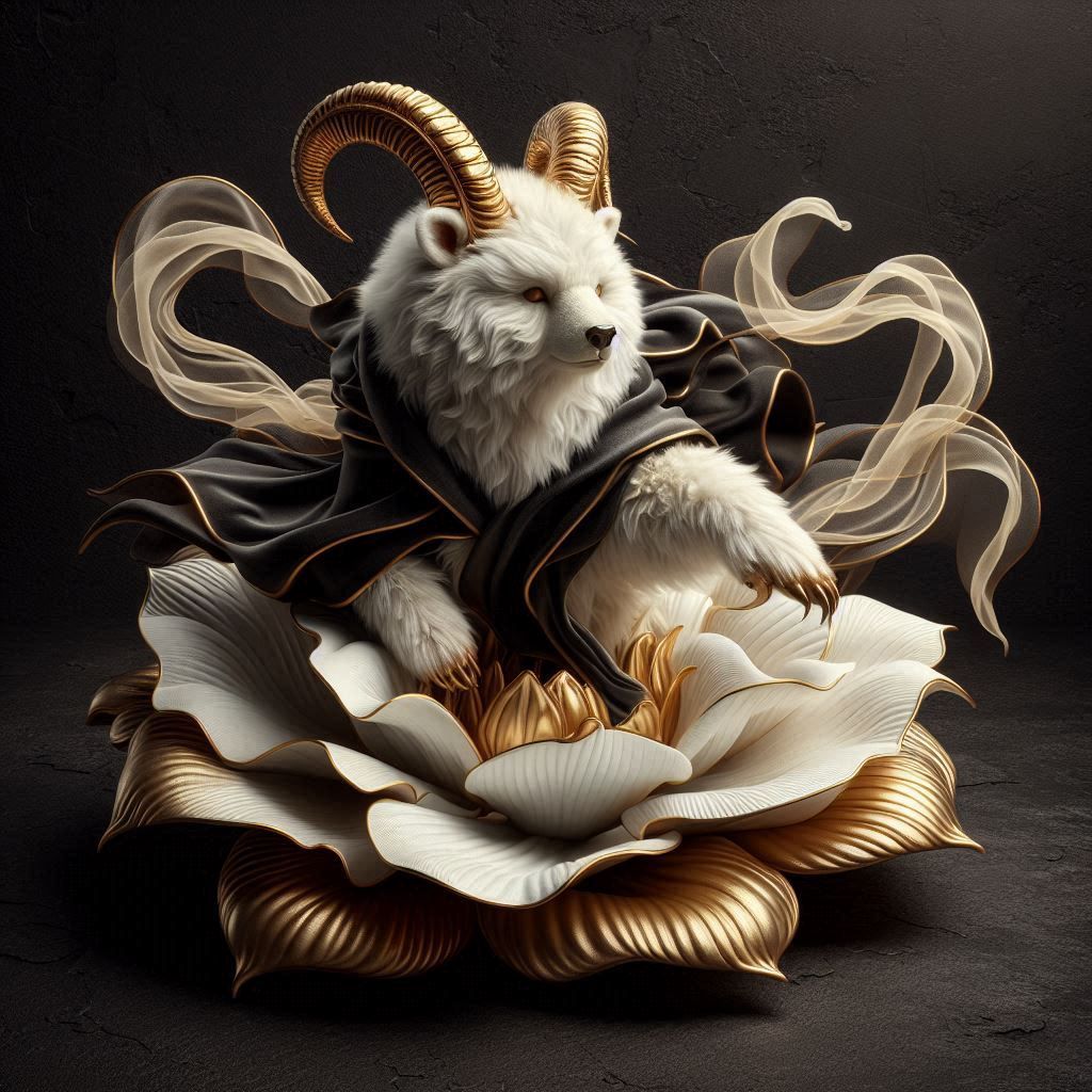 Just a little bear creature sitting in a flower