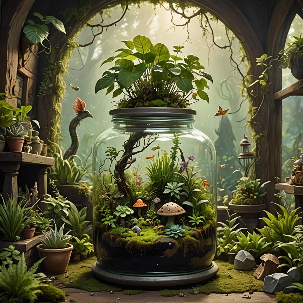 a large oversized jar becomes a terrarium for creatures and plants
in front of a fantastical background ...  by @Gregory Schrupp