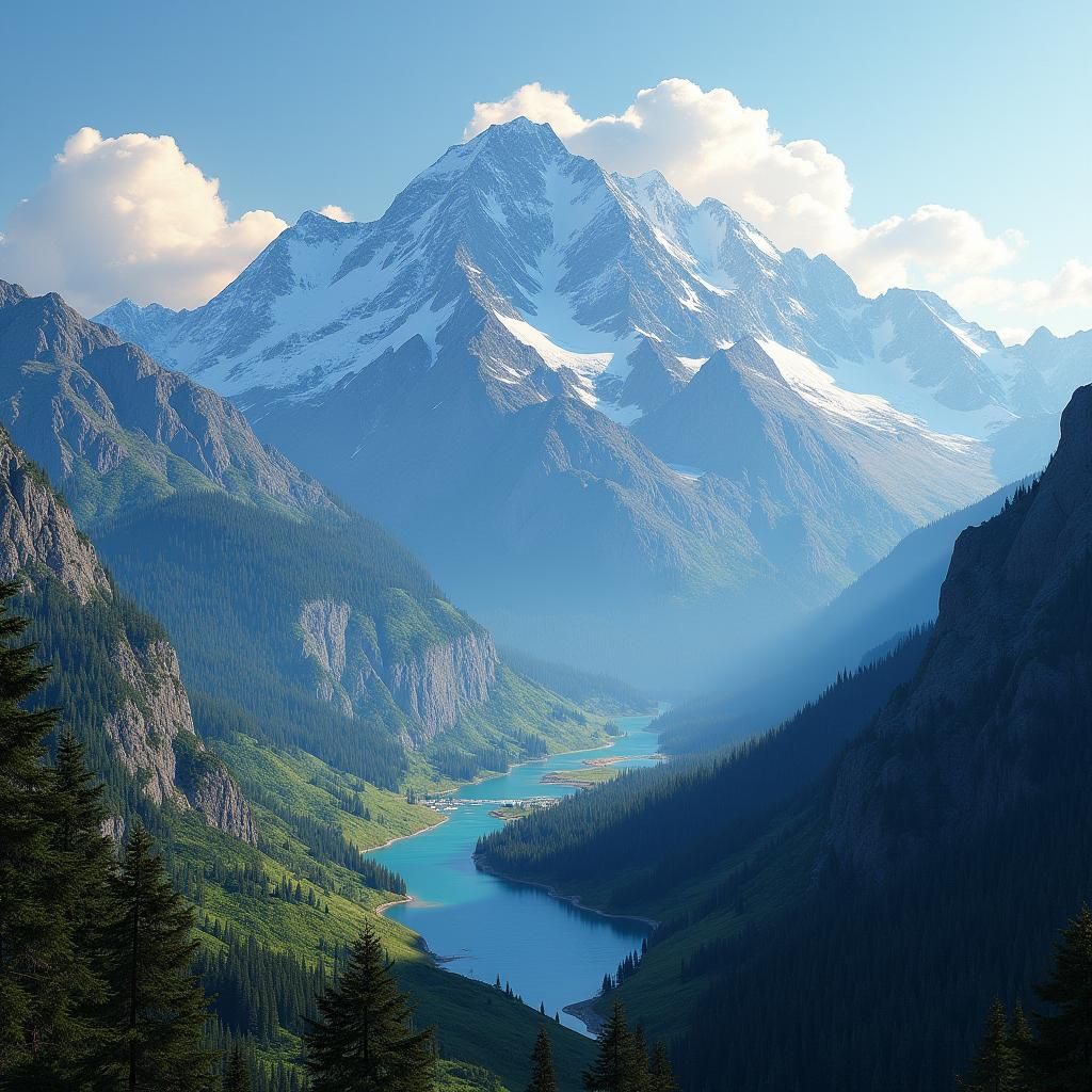 a magnificent mountain ridgeline, forested slopes, snowy peaks, award-winning photography, realistic, fantasy, dazzling, brilliant