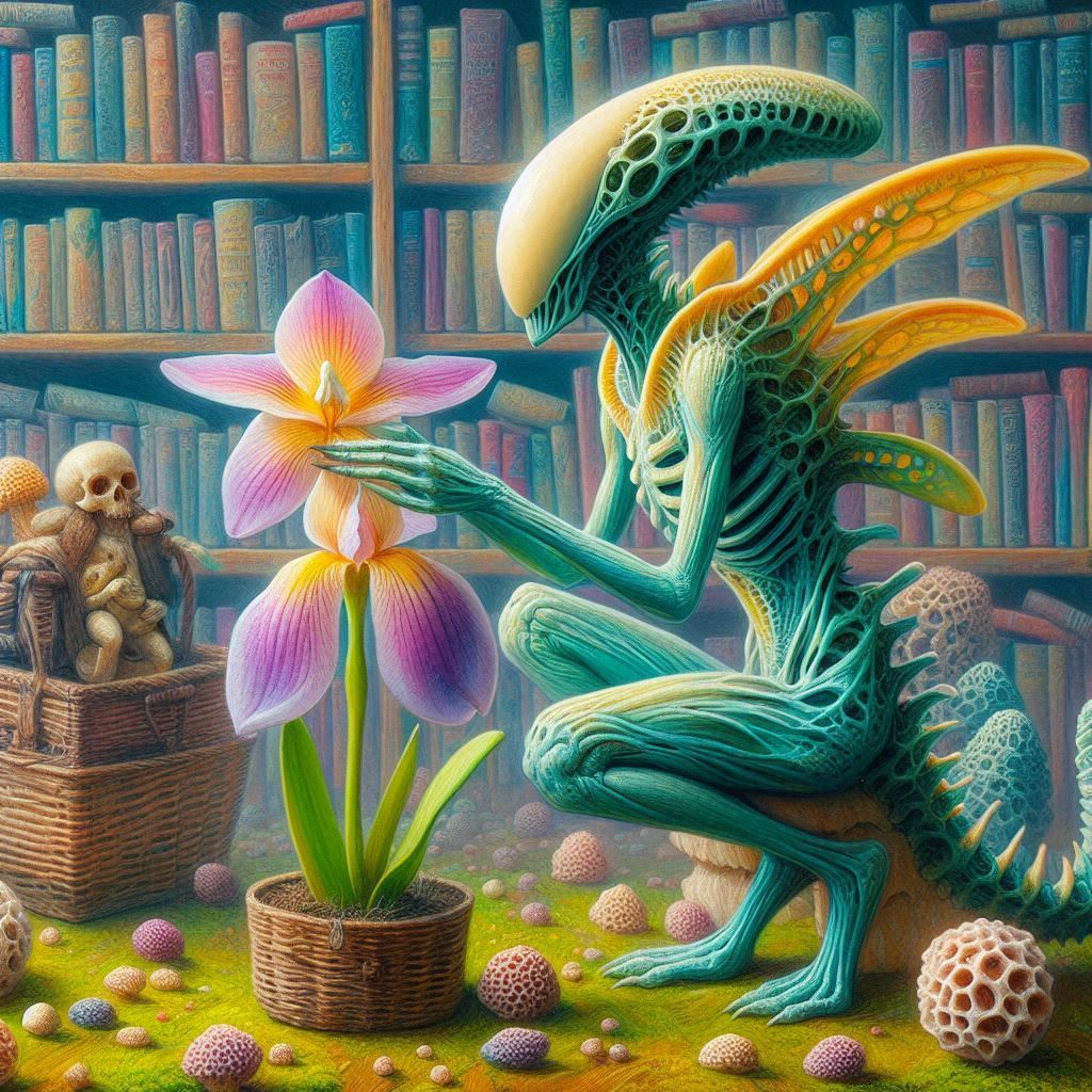 Alien and orchid in library