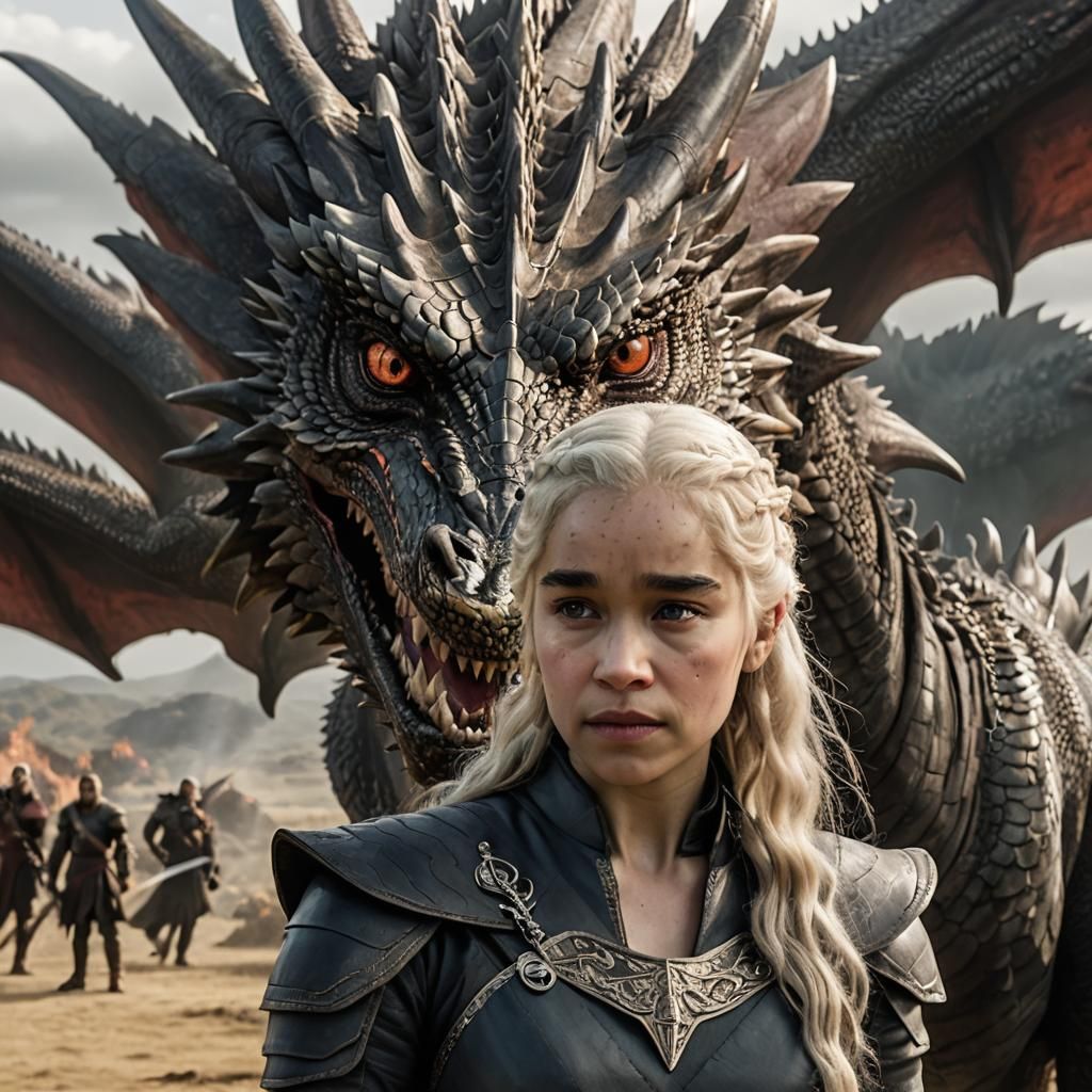 Emilia Clarke, as Daenerys Targaryen in Game of Thrones, stands with a ...