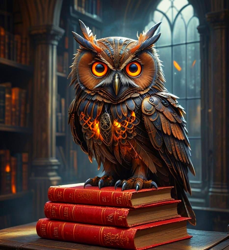 Mechanical Owl on Ancient Books in Gothic Library