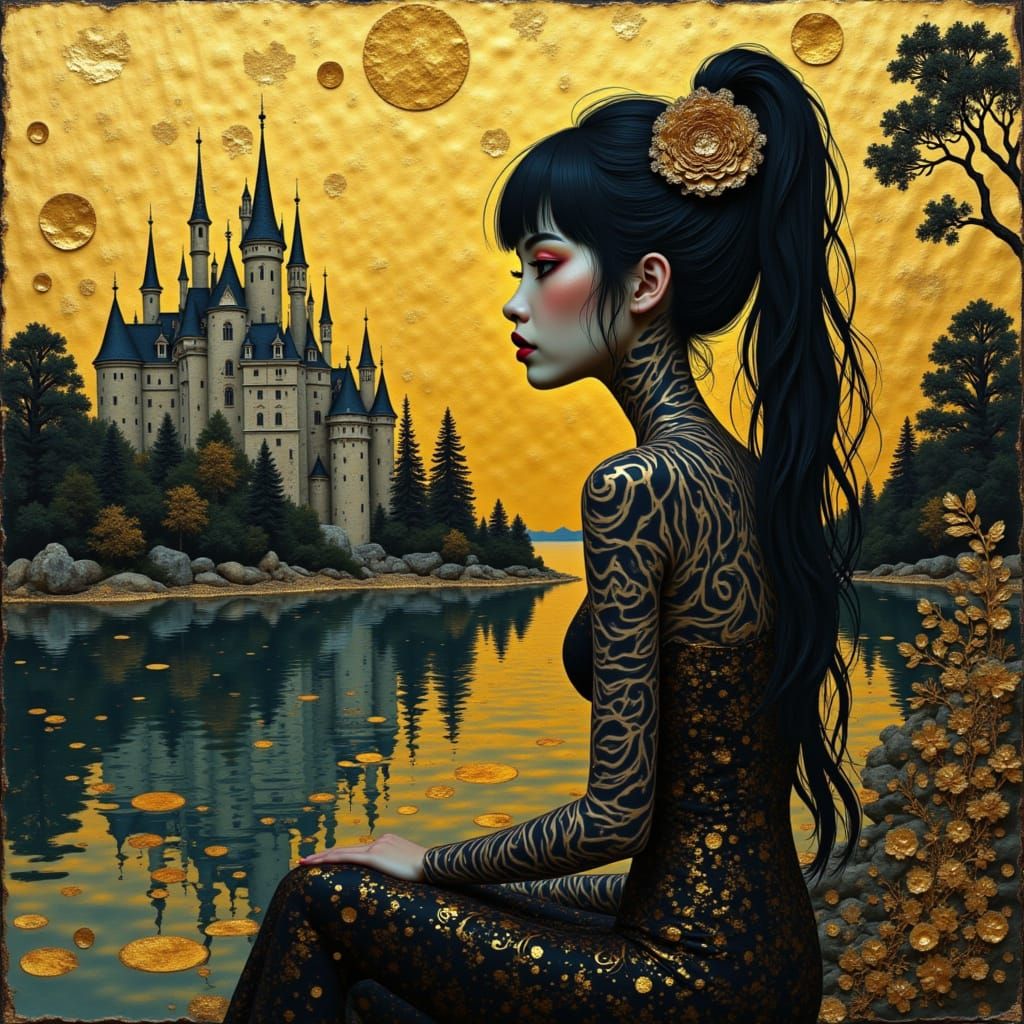 <lora:Gold Black flux:1.0> A rich impasto-style painting inspired by Gustav Klimt, featuring a black-haired maiden sitting by the edge of a ...