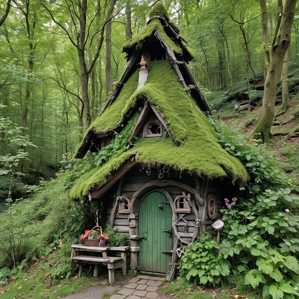 Witch with Crow in Front of Gingerbread House