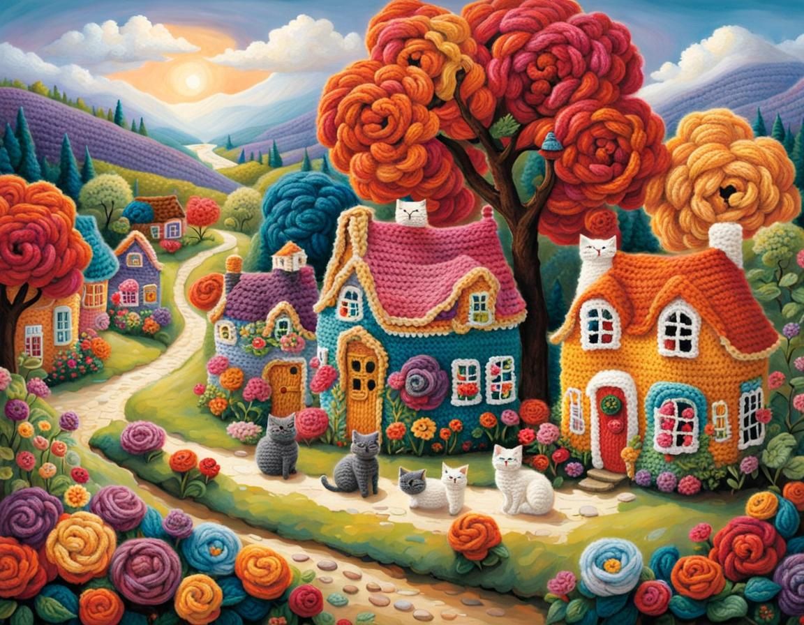 Imagine a whimsical yarn town nestled by a gentle, yarn-river where a beautiful lady, wrapped in a crocheted ...  by @EMZiiE