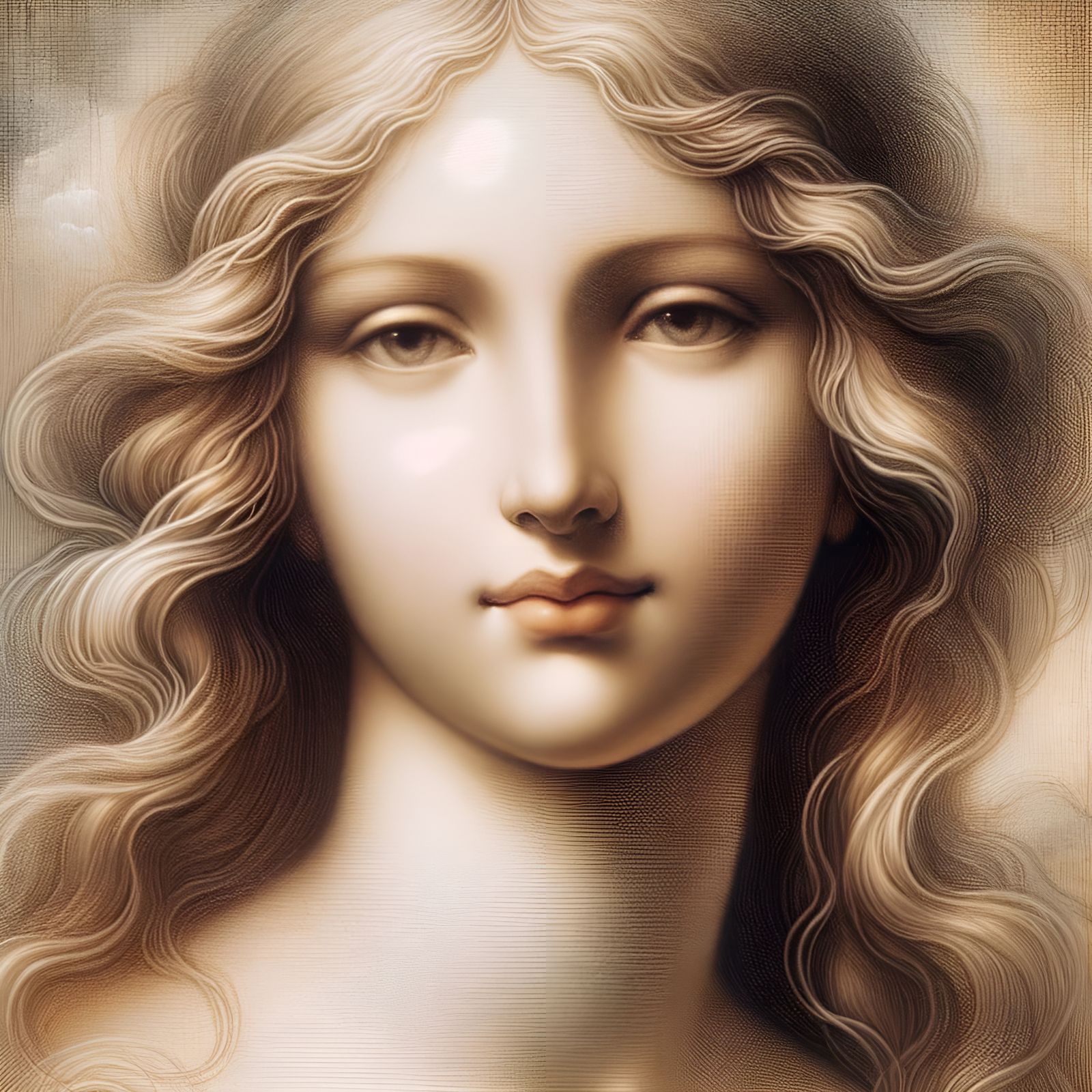 Oil painting of the goddess Seraphina with ethereal beauty and grace, reminiscent of Leonardo da Vinci's style. Her feat...