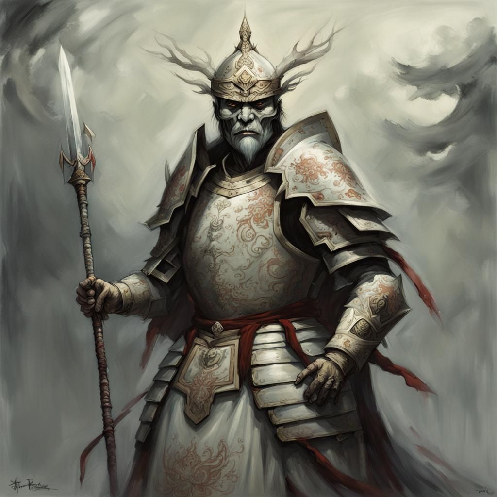 the pale king, an old asian ghost wearing ceremonial armor