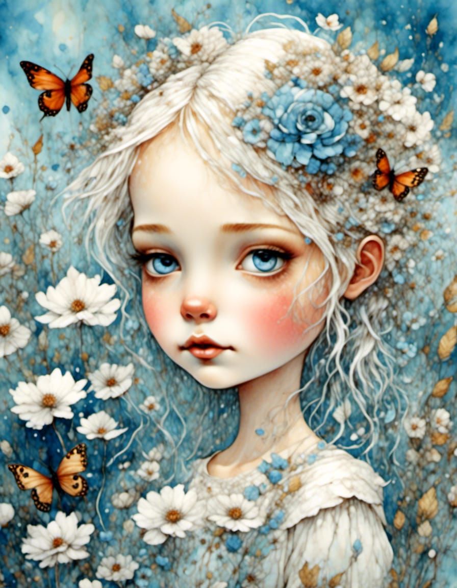 White background  Whimsical cute little girl opulent  bright...