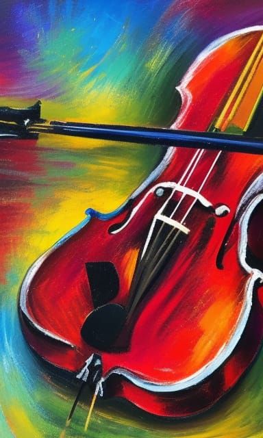 A broken violin on a rough surface, depicted in a contempora...