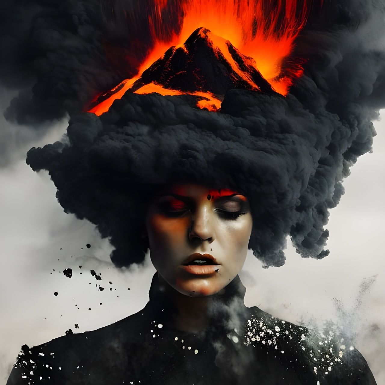 double exposure portrait angry woman with hot lava, exploding head