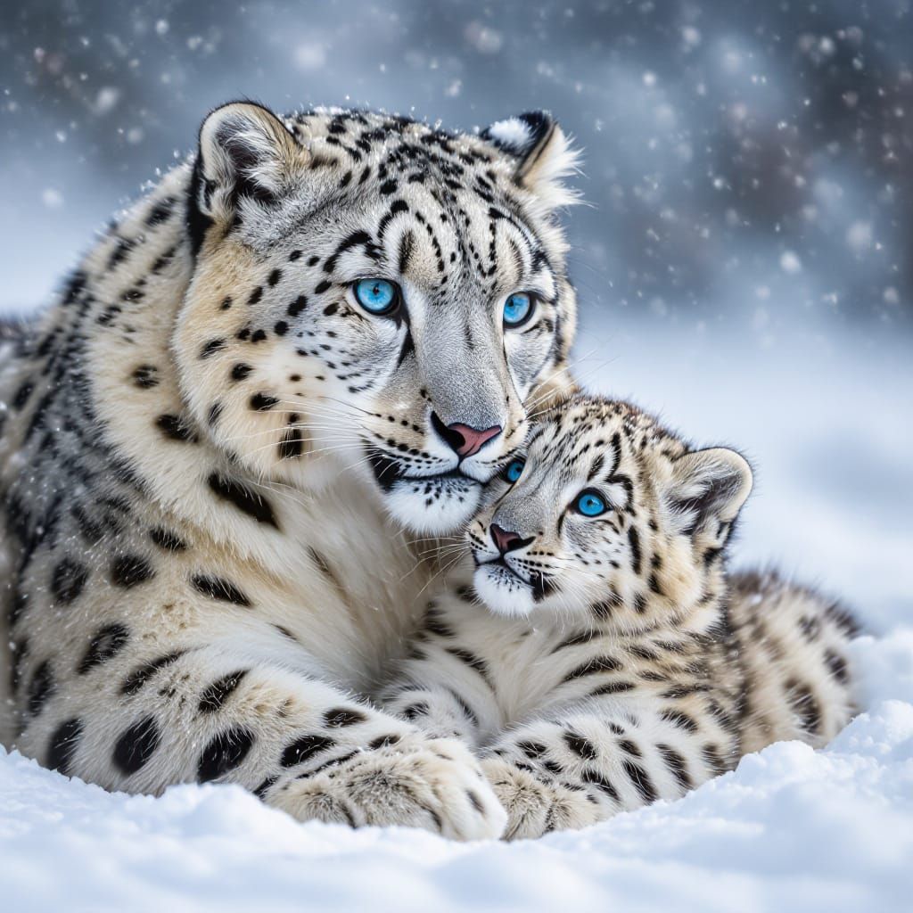 Large white snow leopard mother and her cub laying in the sn...
