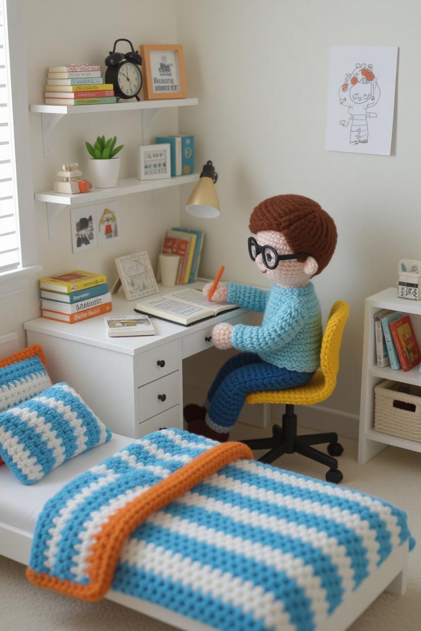 A miniature crochet bedroom setup with a little boy in glass...