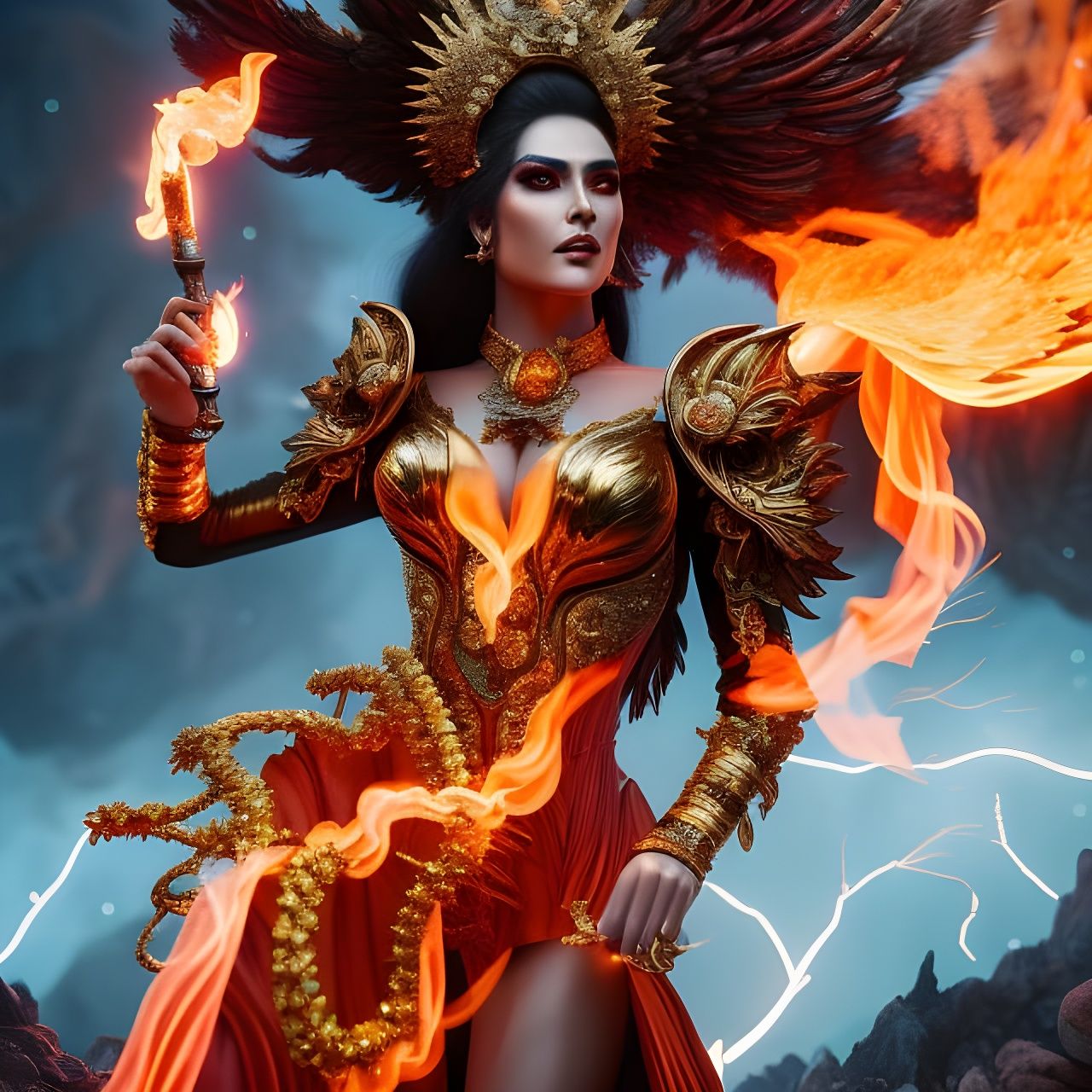 "goddess of fire" summoning fire and lightning, detailed acr...
