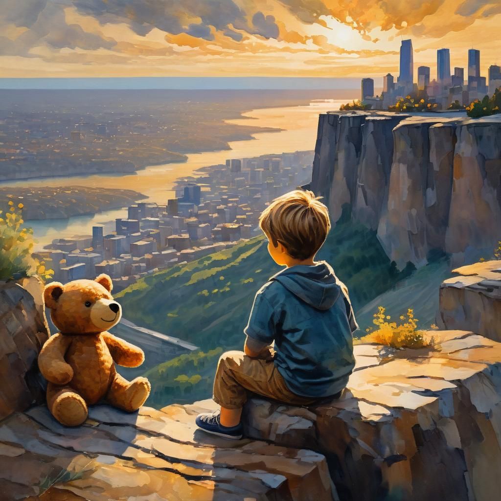 Boy on Cliff: Impressionist Gouache Masterpiece