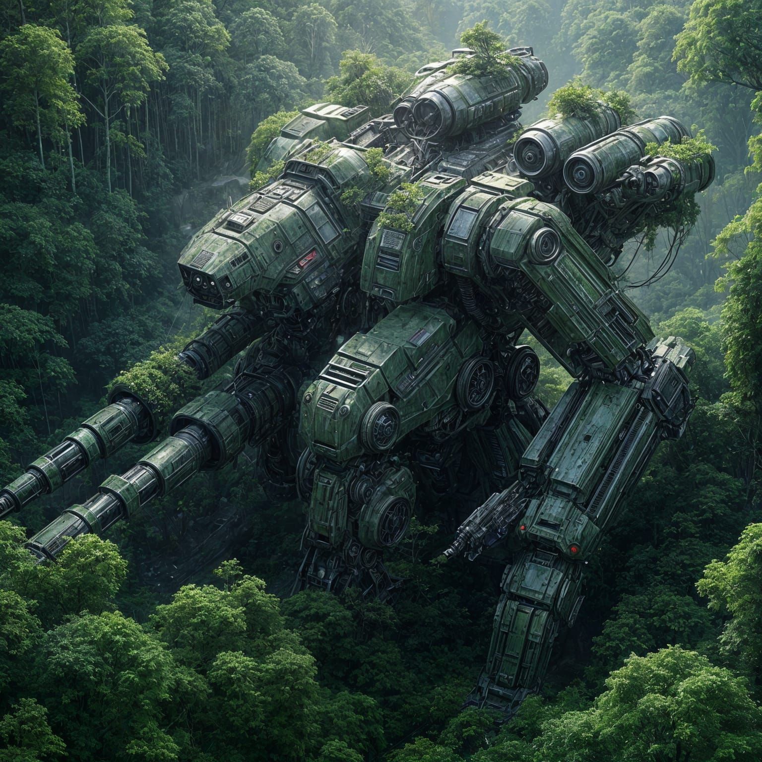 Old and rusty deactivate War Mecha, abandoned in a dense forest.   by @ByToi