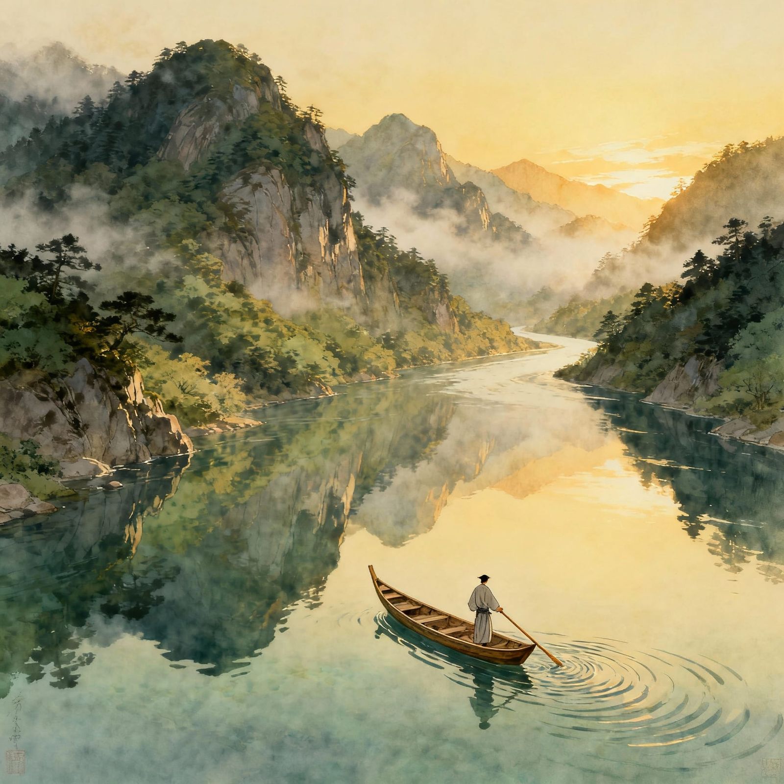 Japanese Gondolier on Serene Mountain River