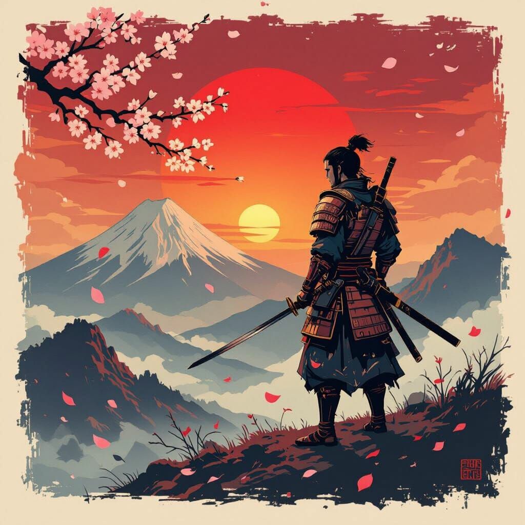 Samurai Sunset: Ukiyo-e Style Cherry Blossom Scene