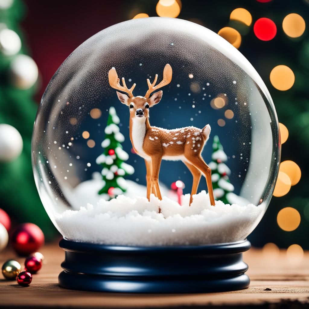 A snow globe with snow and a small deer in a Christmas spirit