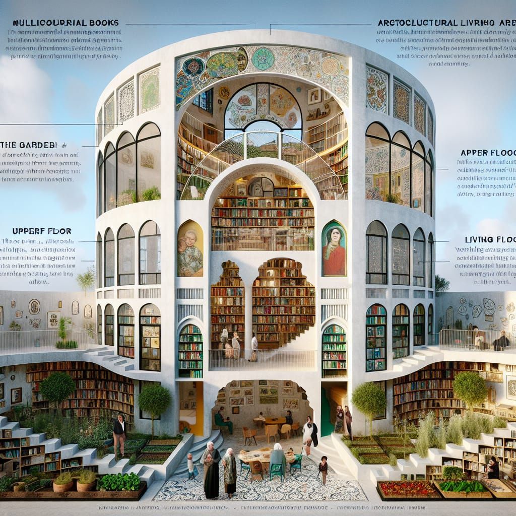 Two-Story Library with Multicultural Art and Garden