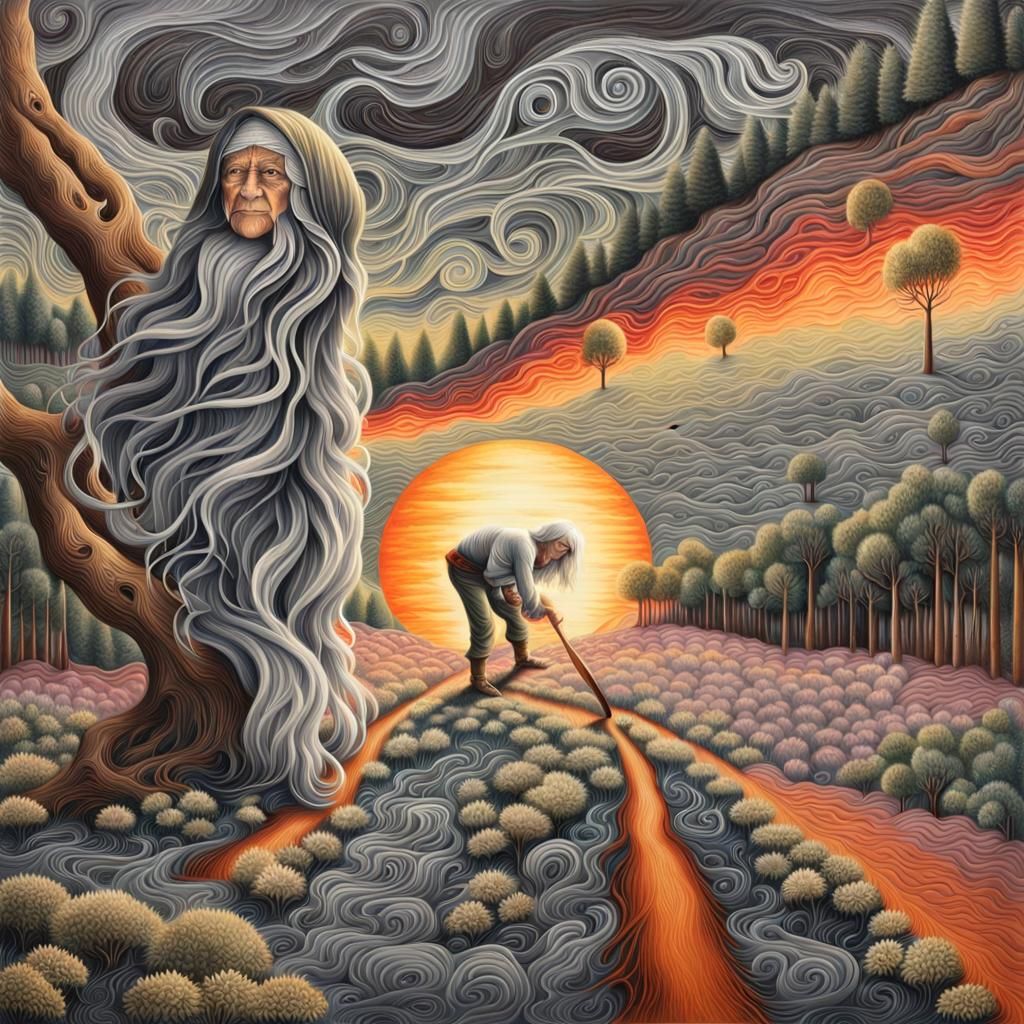 :"A Hundred beutiful old woman, with very long hair, playing...