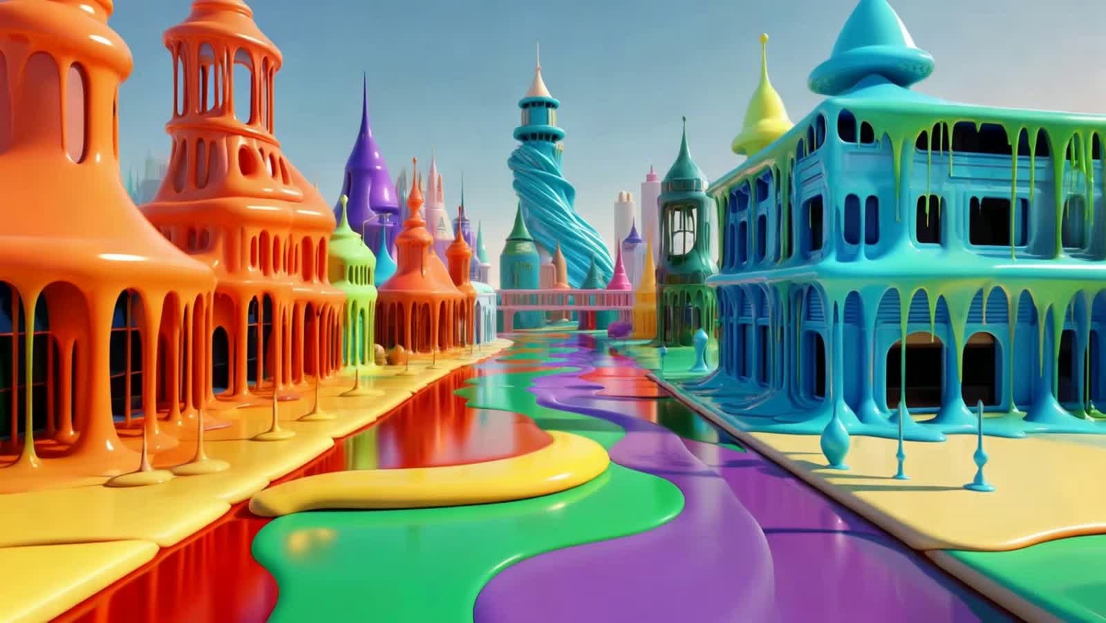 A bustling cityscape where all the buildings and vehicles are constructed from vibrant, layered liquids like soda, juice...