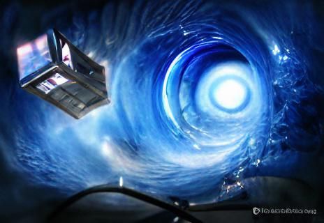 A massive blue vortex sucking in a flying telephone box Realistic 8K