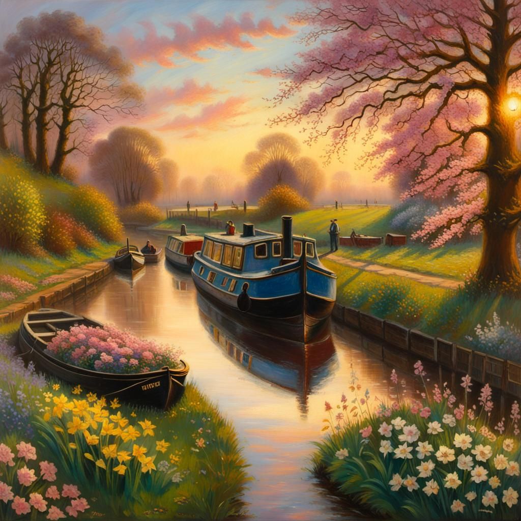 With blossom on the trees, beds of river bank flowers and lu...