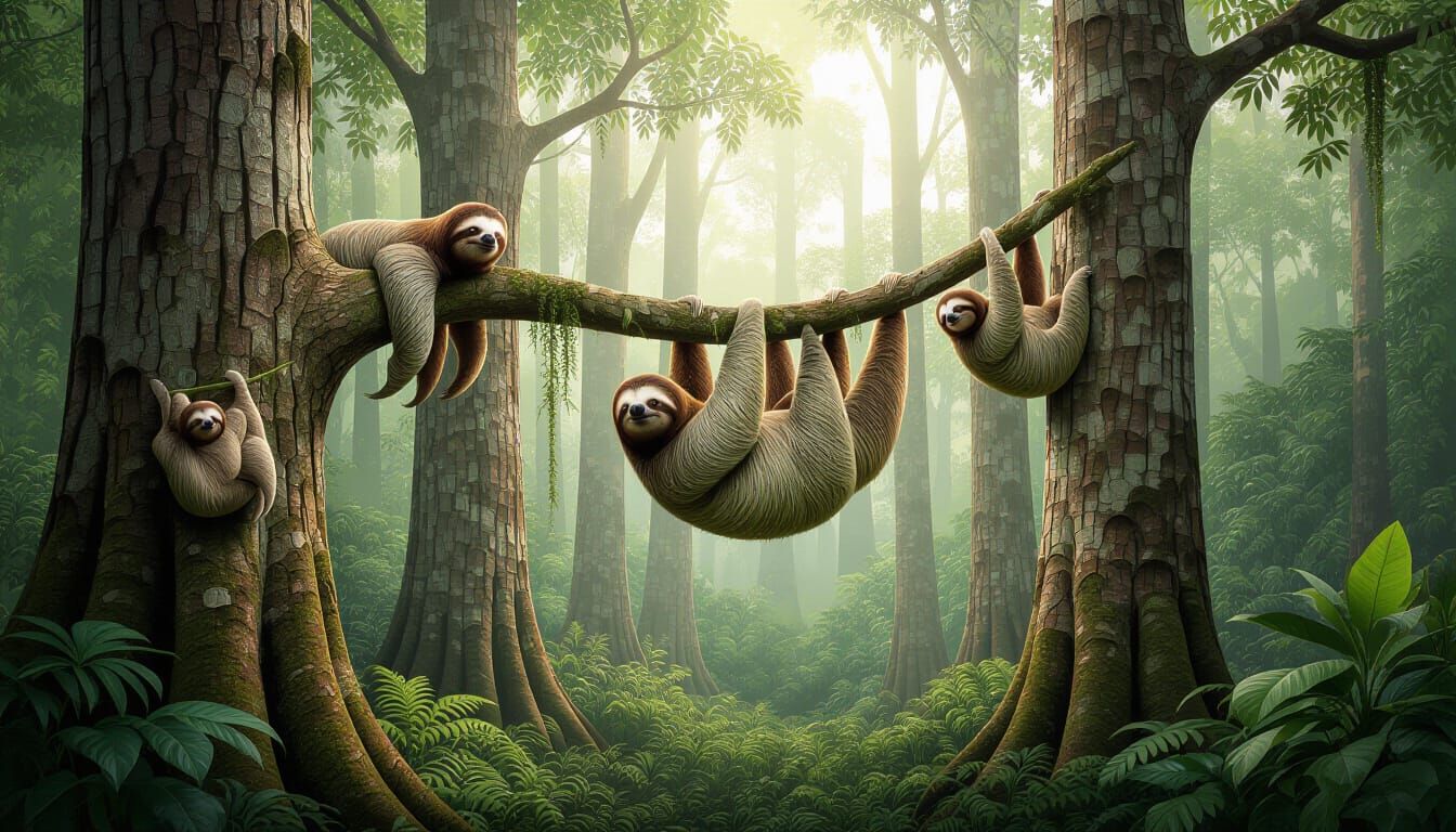 A forest full of trees and on every tree there is a sloth hanging from its branch.