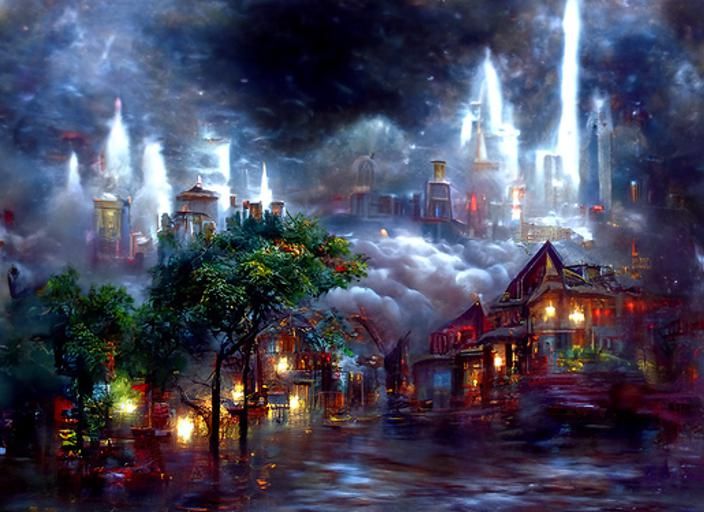 Night abandoned city on storm