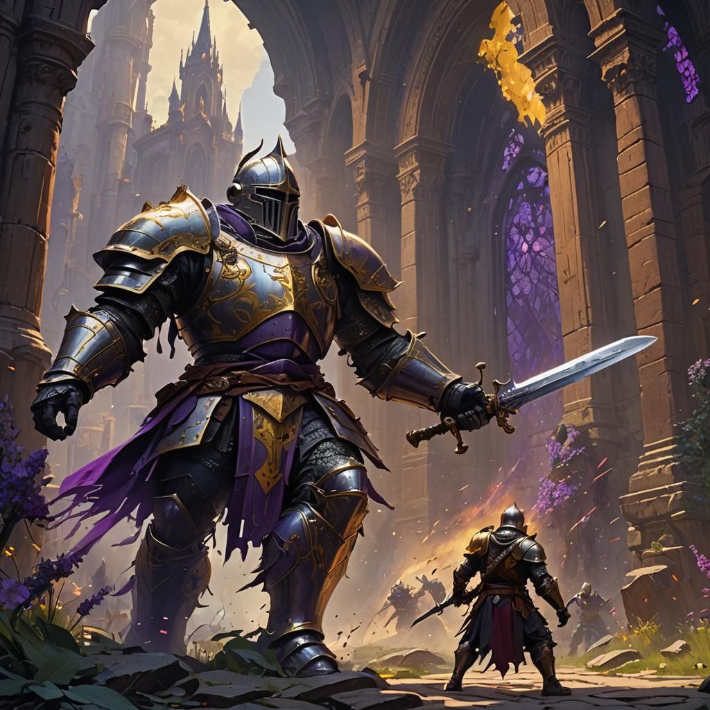 A knight facing a giant in single combat