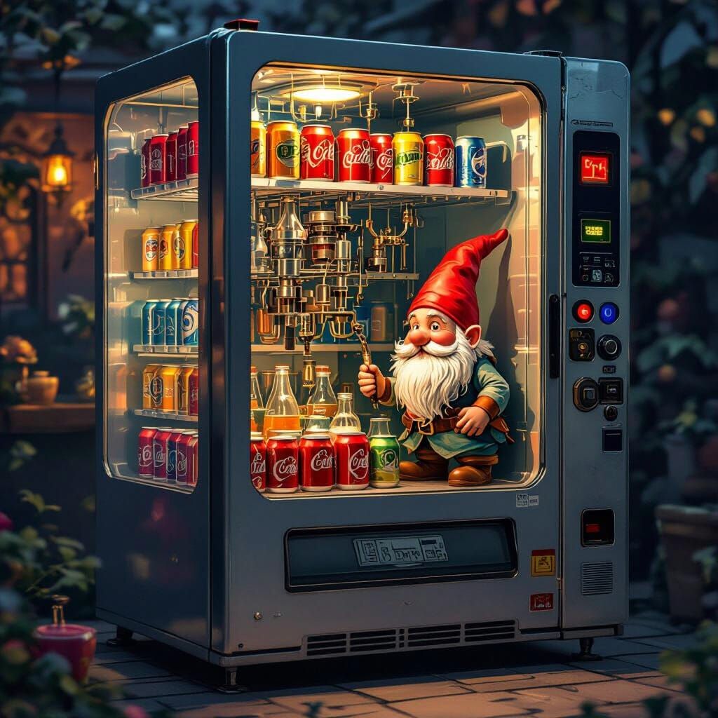 Whimsical Soda Vending Machine with Inside Gnome