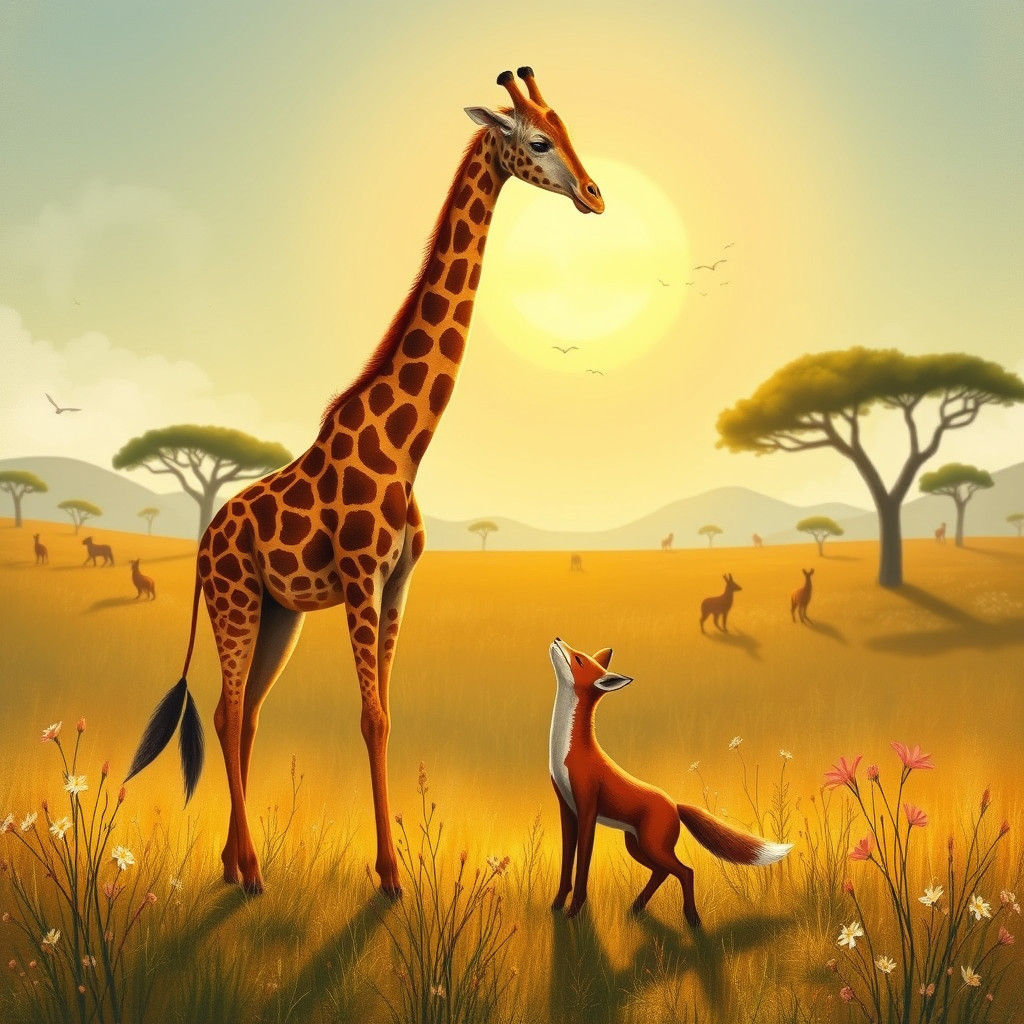 Giraffe and Fox Nuzzle in Sunny Savannah