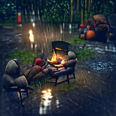 Warm campfire rainy night