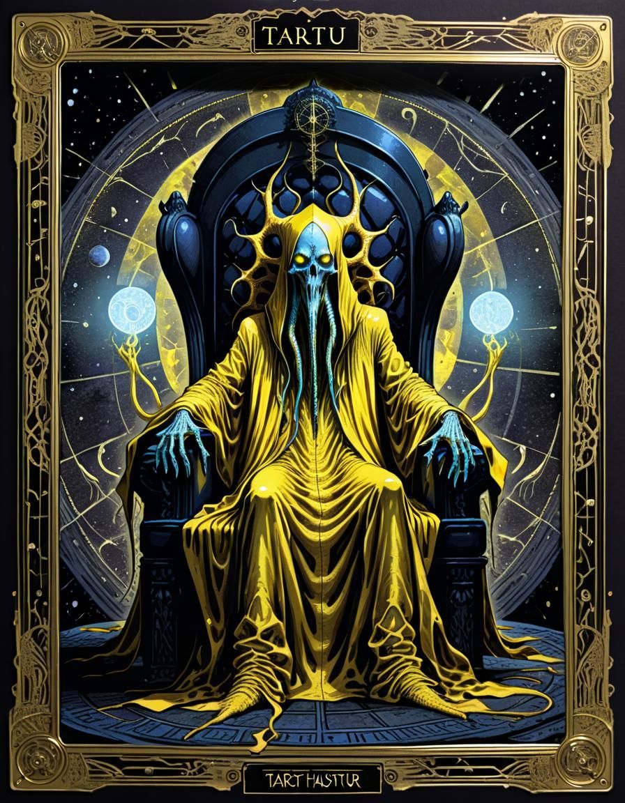 tarot card art of Hastur in yellow robe sitting in a dark throne ...