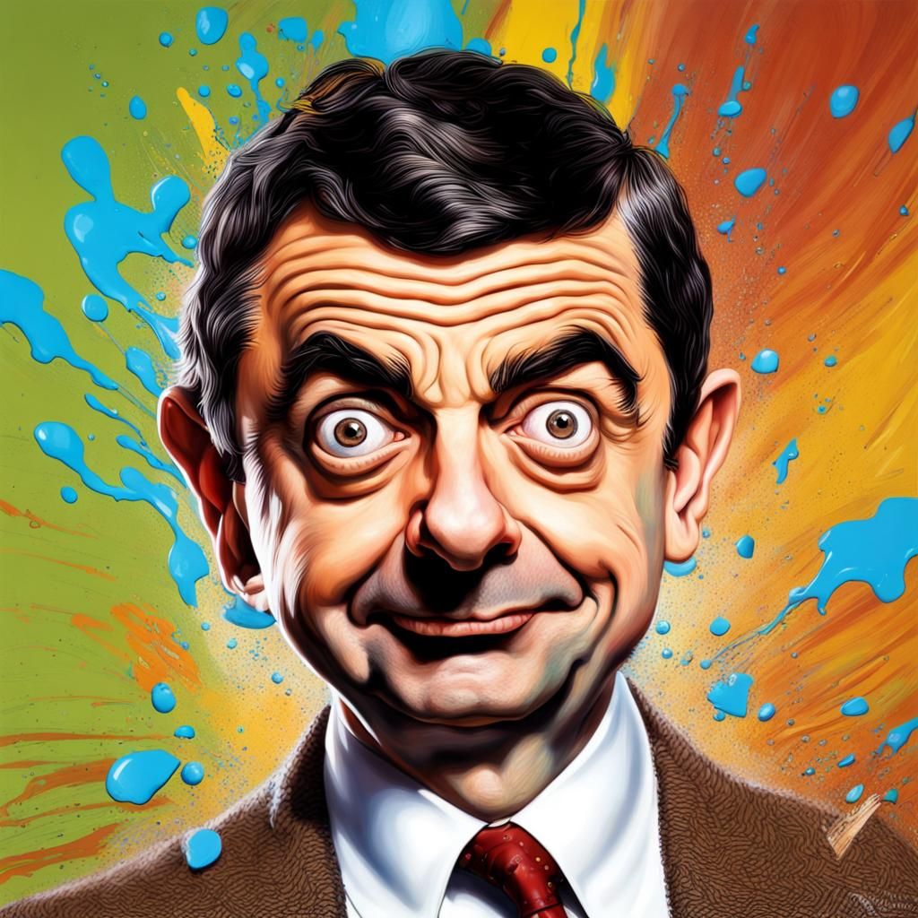 Splash art painting of Mr Bean in the style of Stephen Lurse...