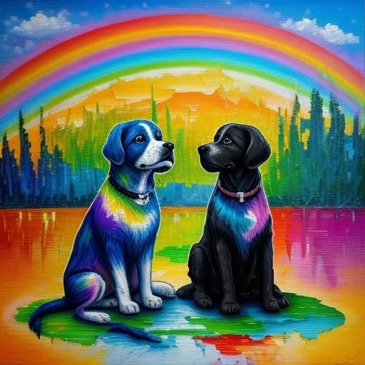 Two dogs sitting under a rainbow