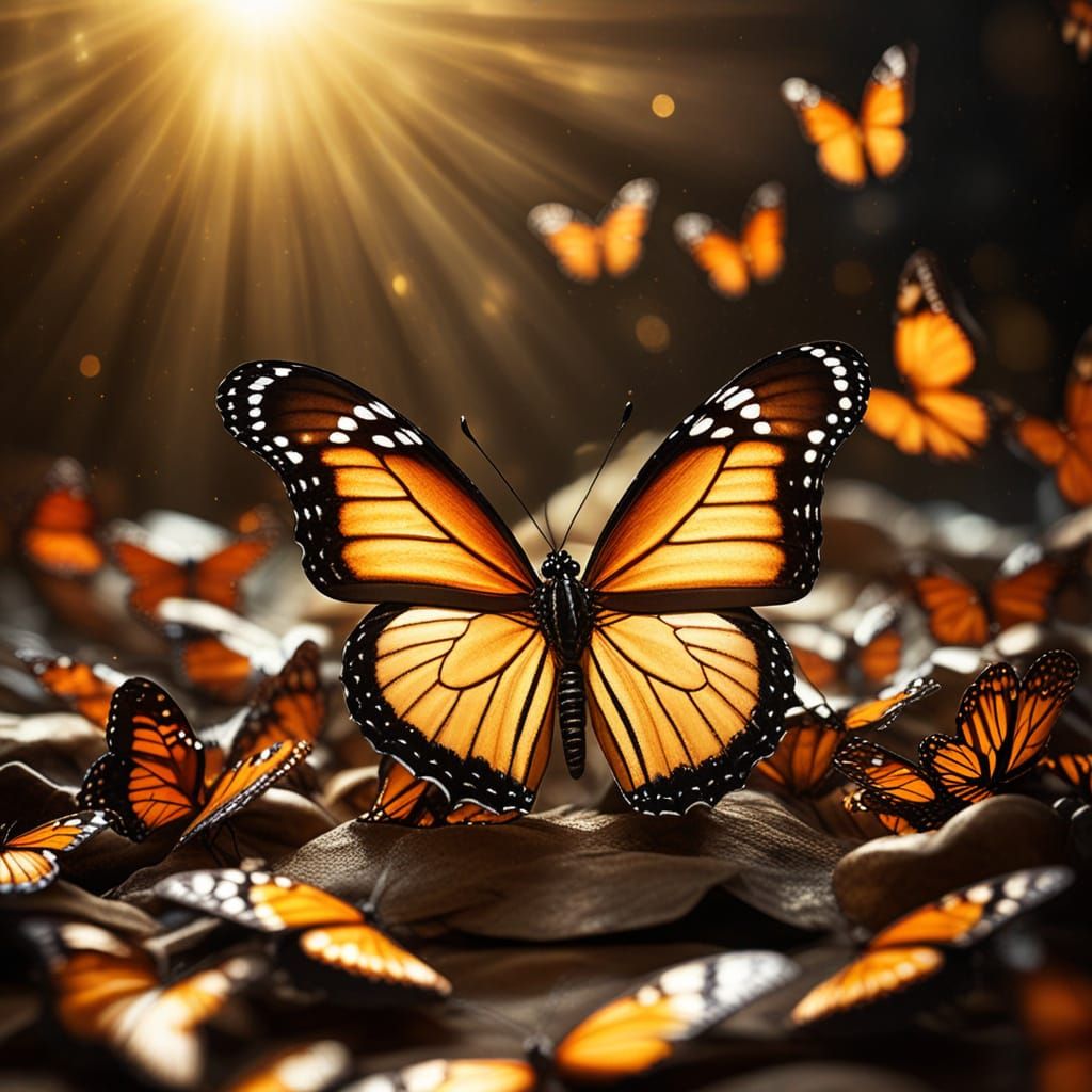 close-up view of a variegated close up of wild psychedelic monarch butterfly in front of a swirling swarm ...  by @SummaNullaOne