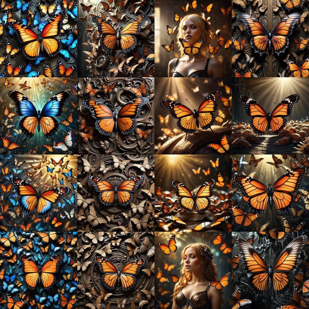 close-up view of a variegated close up of wild psychedelic monarch butterfly in front of a swirling swarm of butterflies...