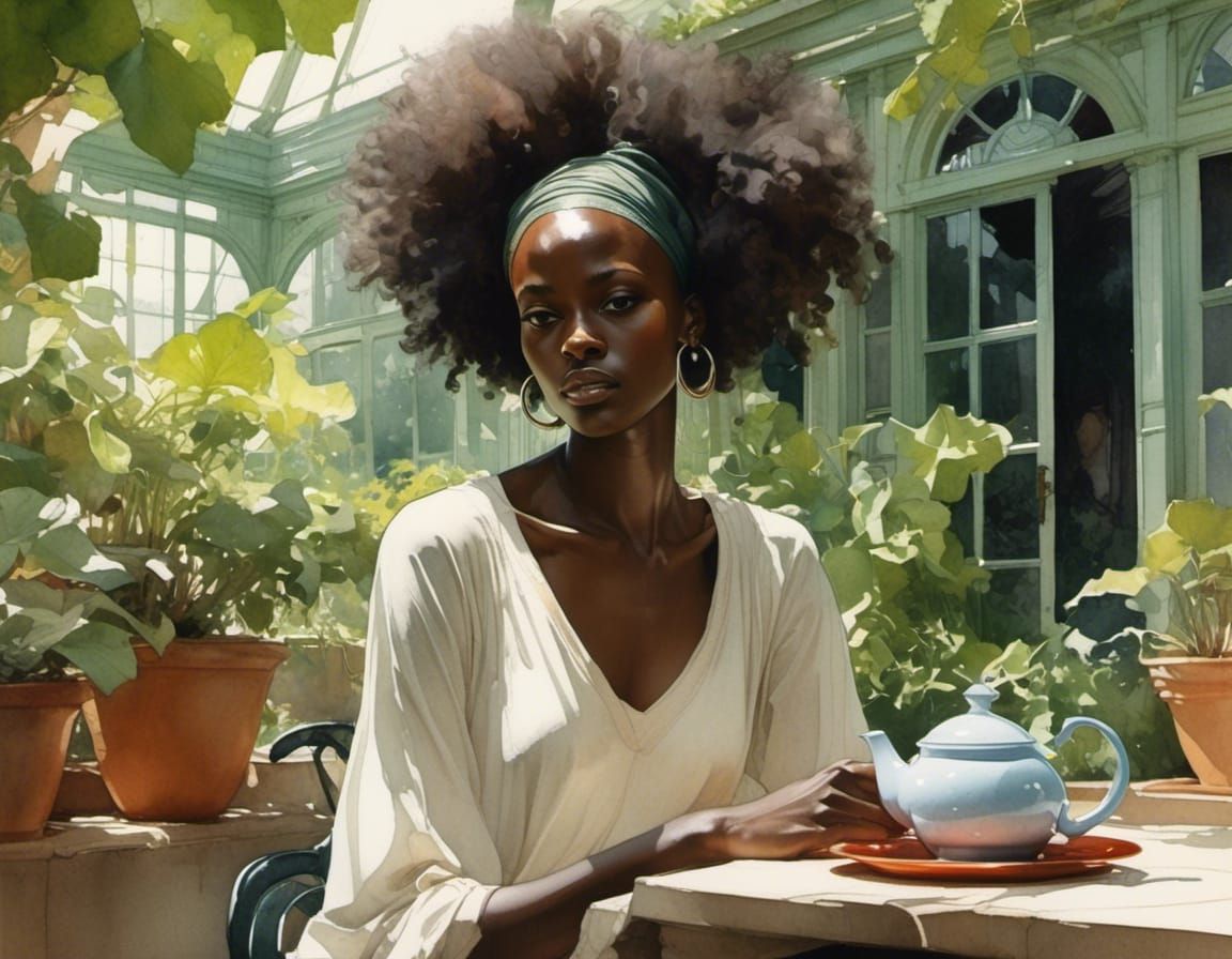 <lora:Liminal Lacquer:1.0>close up watercolor portrait of anna diop with back afro-puffs hairstyle, in comfy greenhouse courtyard, teapot, i...
