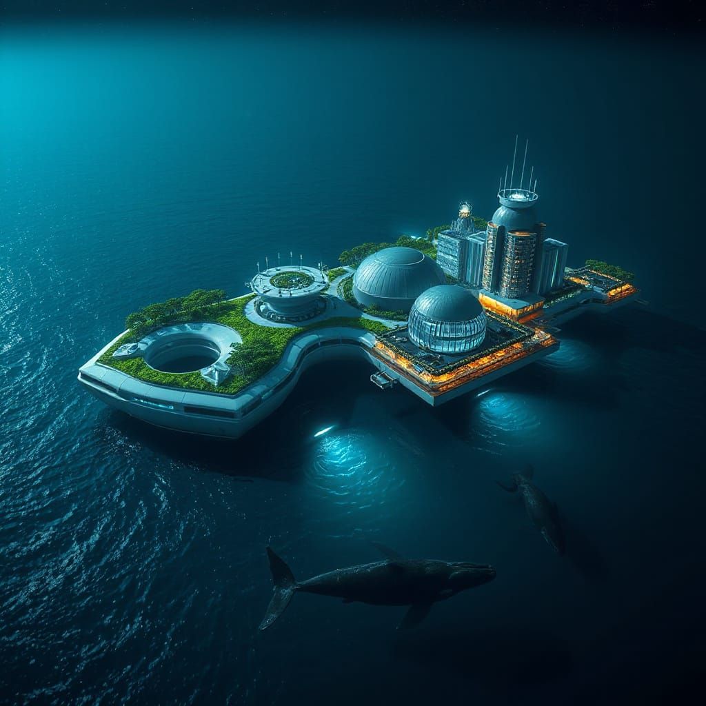 futuristic eco-city floating in the middle of the ocean  by @Matt
