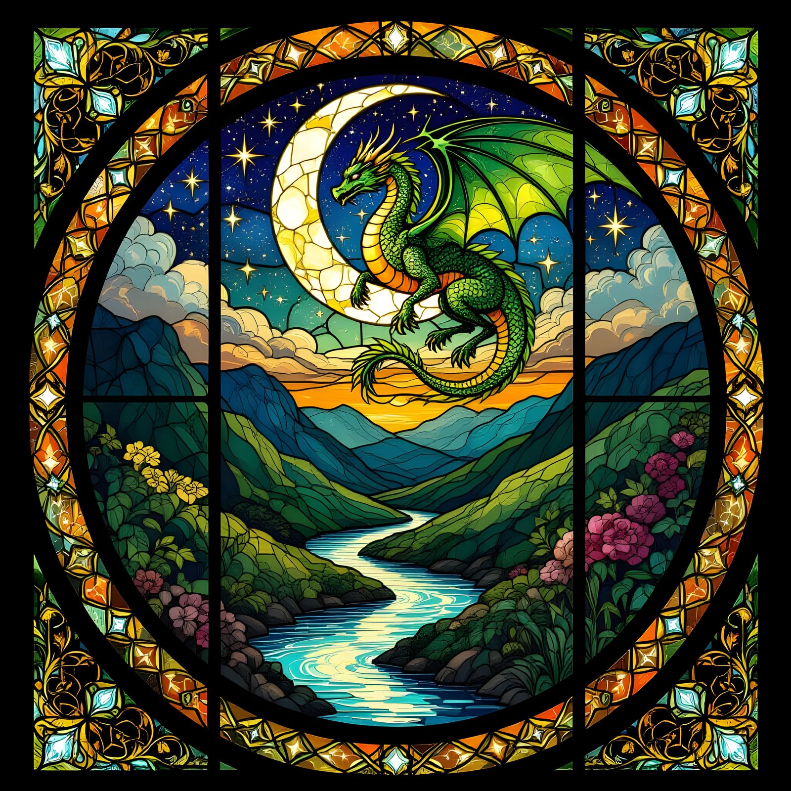 An ethereal stained-glass window depicting a serene landscape where rivers of molten gold flow through ...  by @Debbie Dwarika