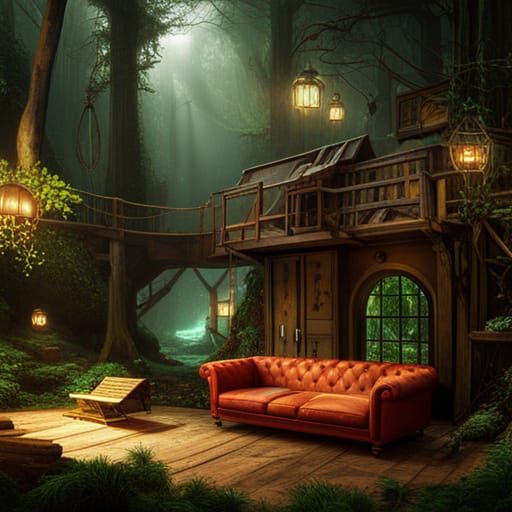 Forest Treehouse with Sleeping Painter: Fantasy Art