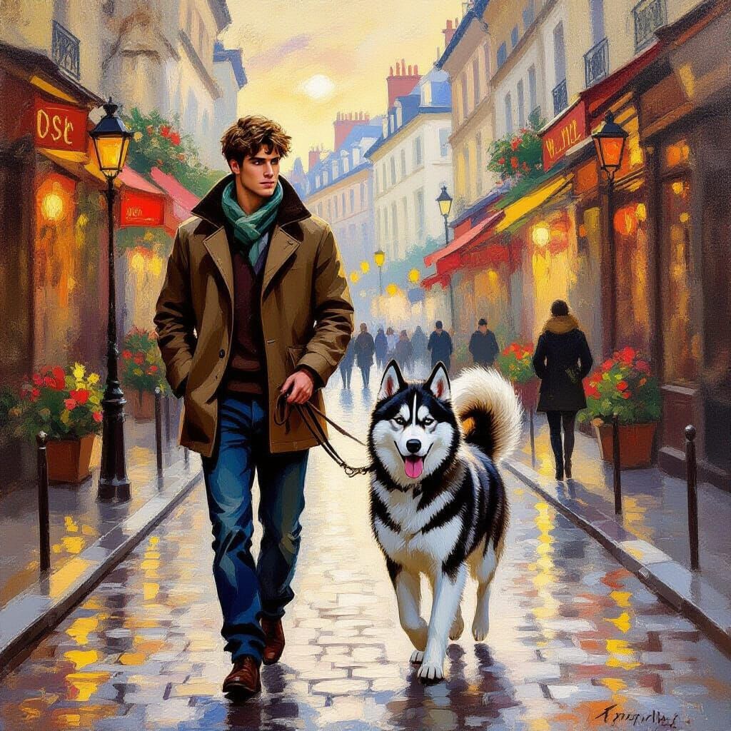 Man and Husky in Paris Golden Hour Impressionist Painting